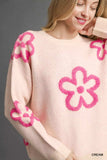 Umgee Round Neck Sweater with Pink Floral Accents - Trendsi - Flyclothing LLC