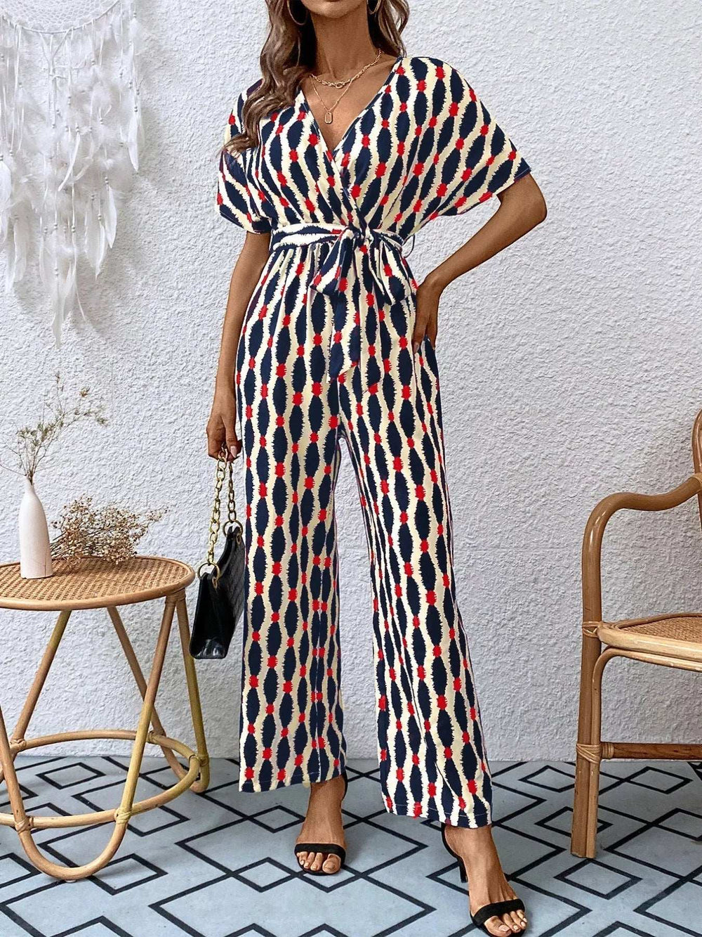 Printed Surplice Tie Waist Short Sleeve Jumpsuit - Trendsi - Flyclothing LLC