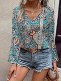 Printed V-Neck Long Sleeve Blouse - Trendsi - Flyclothing LLC