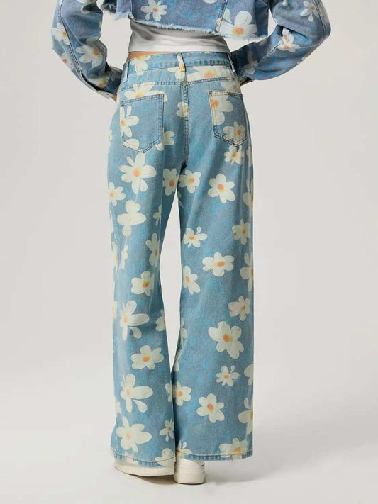 Pocketed Floral Wide Leg Jeans - Trendsi - Flyclothing LLC