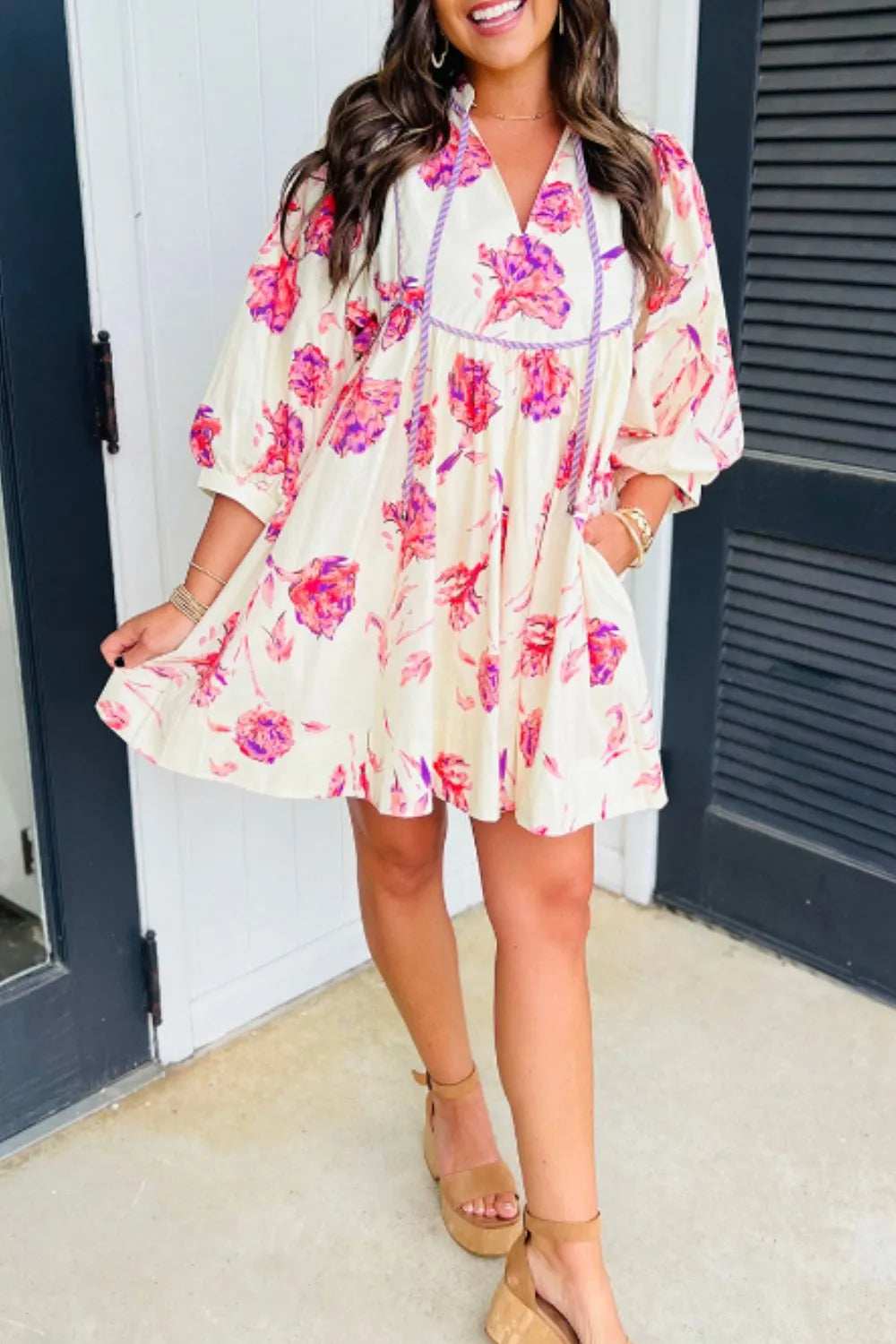 Tied Flower Printed Three-Quarter Sleeve Dress - Trendsi - Flyclothing LLC