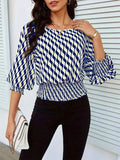 Geometric Print Lantern Sleeve Smocked Waist Blouse - Trendsi - Flyclothing LLC