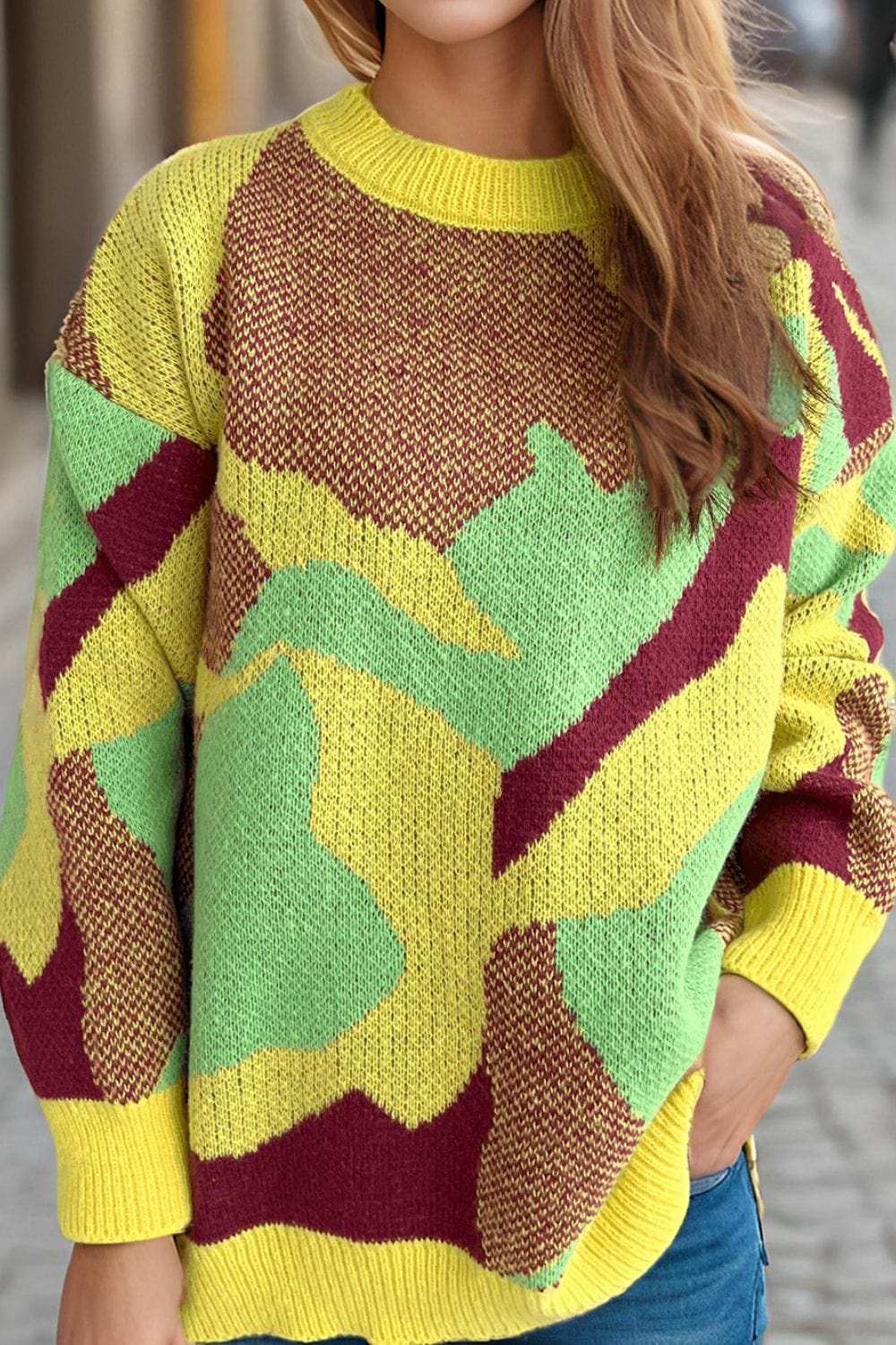 Contrast Round Neck Long Sleeve Sweater - Trendsi - Flyclothing LLC