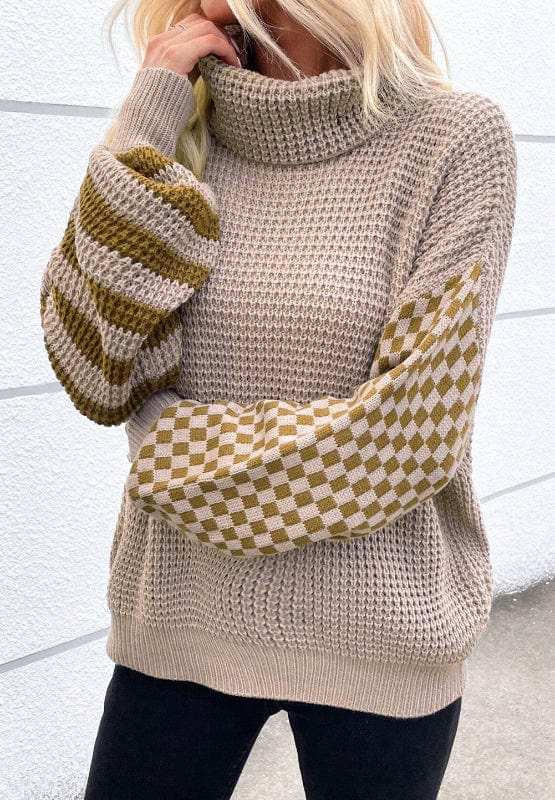 Striped & Checkered Turtleneck Dropped Shoulder Sweater - Trendsi - Flyclothing LLC