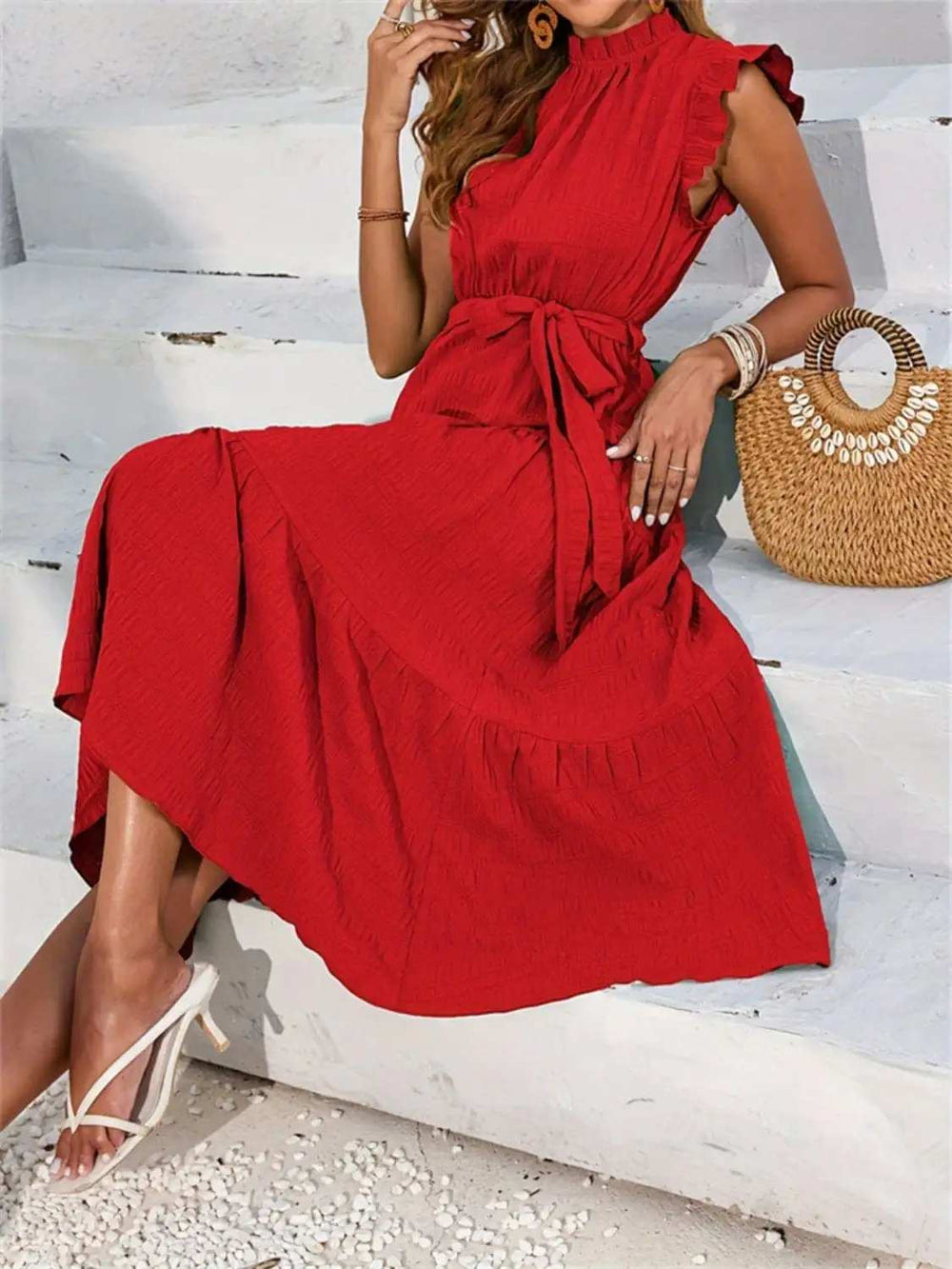 Frill Mock Neck Ruffled Cap Sleeve Midi Dress - Trendsi - Flyclothing LLC