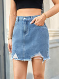 Distressed Raw Hem Denim Skirt - Trendsi - Flyclothing LLC