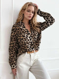 Leopard Collared Neck Long Sleeve Shirt - Trendsi - Flyclothing LLC