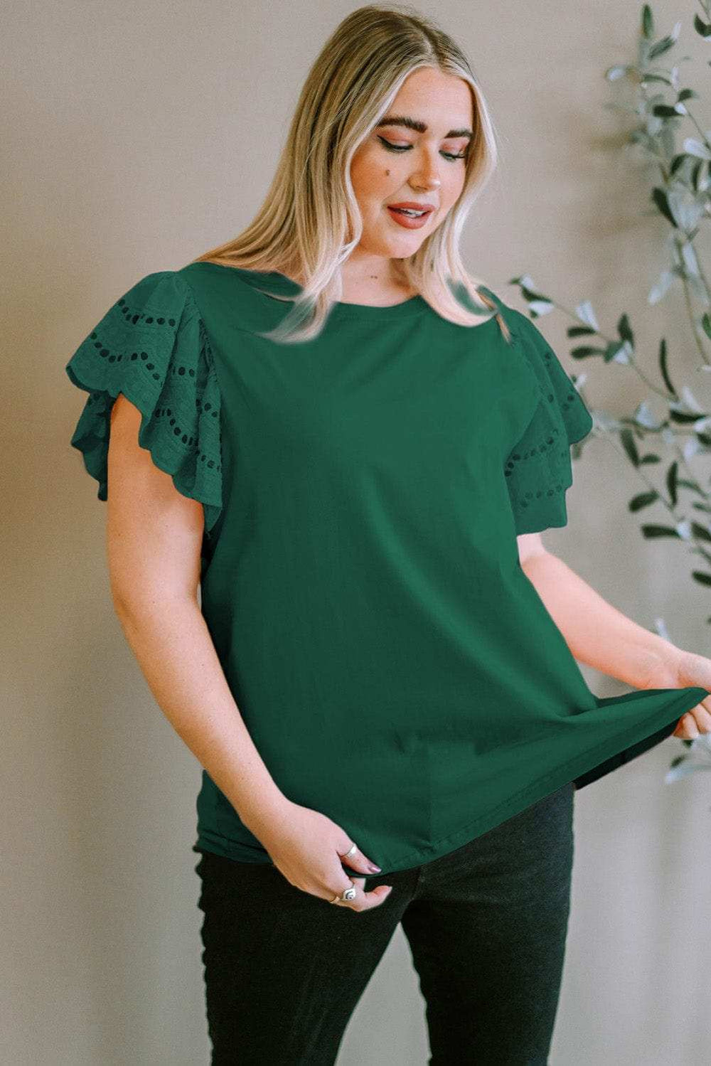 Plus Size Eyelet Round Neck Short Sleeve Blouse - Trendsi - Flyclothing LLC