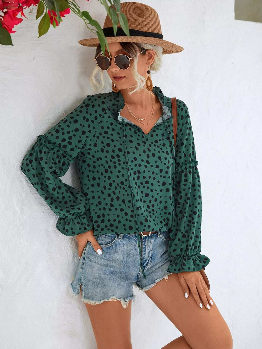 Animal Print Tie Neck Flounce Sleeve Blouse - Trendsi - Flyclothing LLC