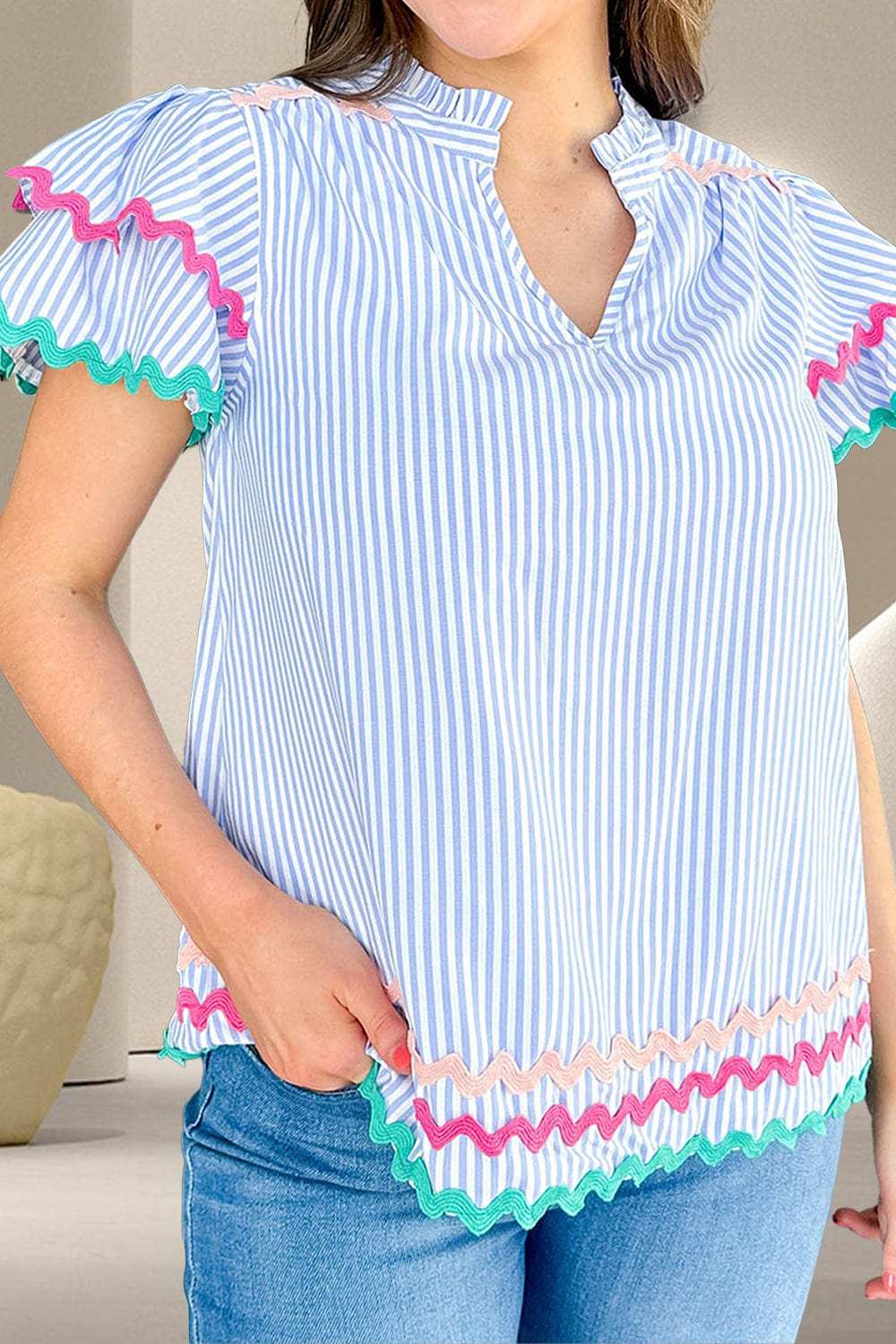 Striped Notched Short Sleeve Blouse - Trendsi - Flyclothing LLC
