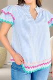Striped Notched Short Sleeve Blouse - Trendsi - Flyclothing LLC