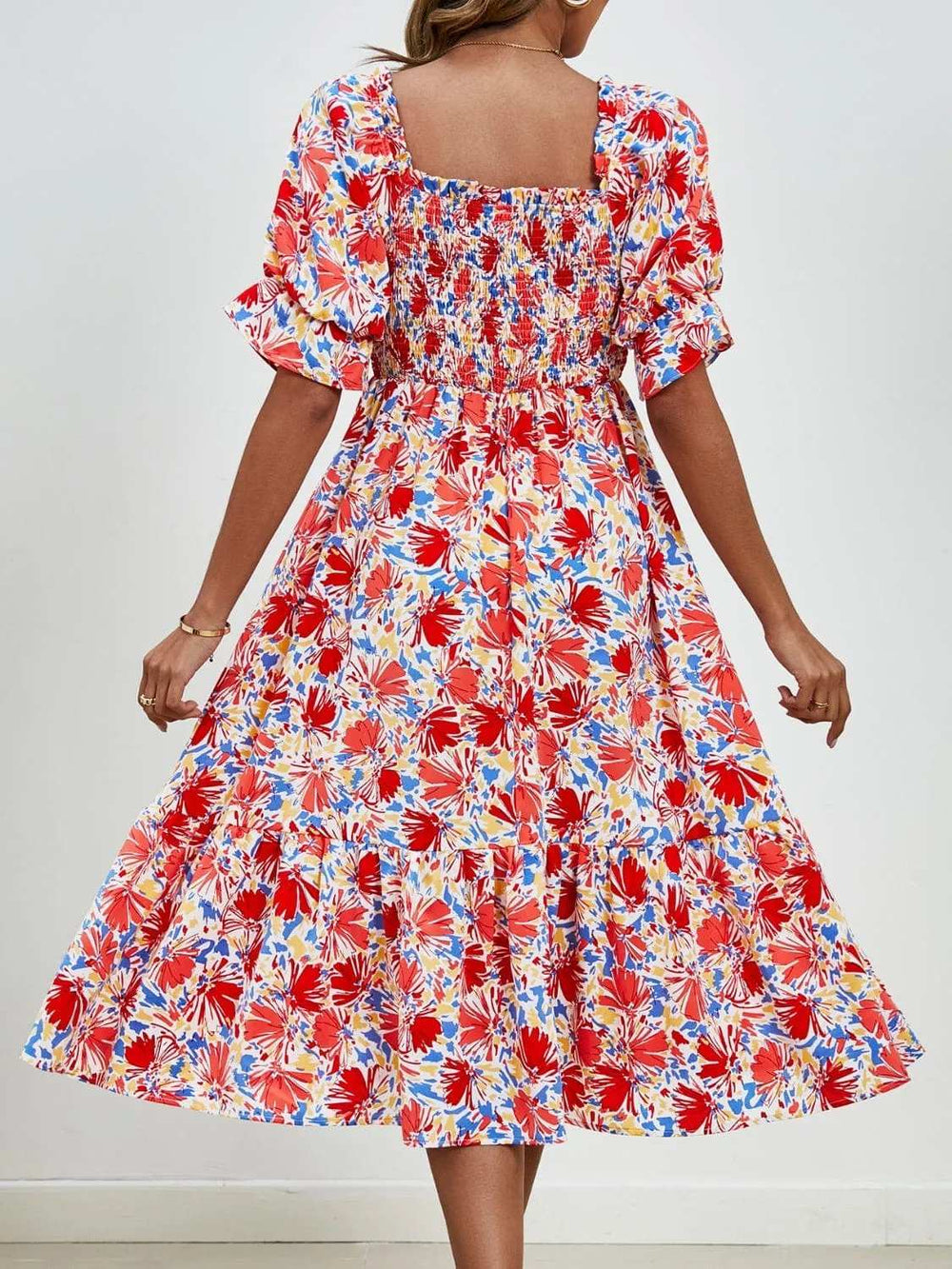 Smocked Floral Square Neck Short Sleeve Dress - Trendsi - Flyclothing LLC