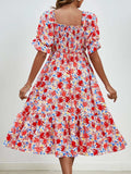Smocked Floral Square Neck Short Sleeve Dress - Trendsi - Flyclothing LLC
