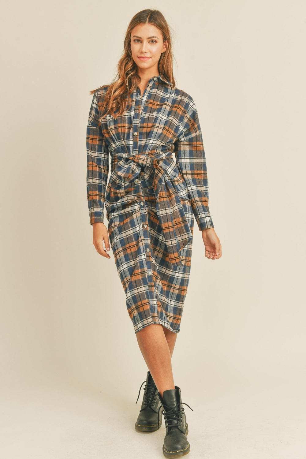 Mable Plaid Flannel Front Tie Button Down Shirt Dress - Trendsi - Flyclothing LLC
