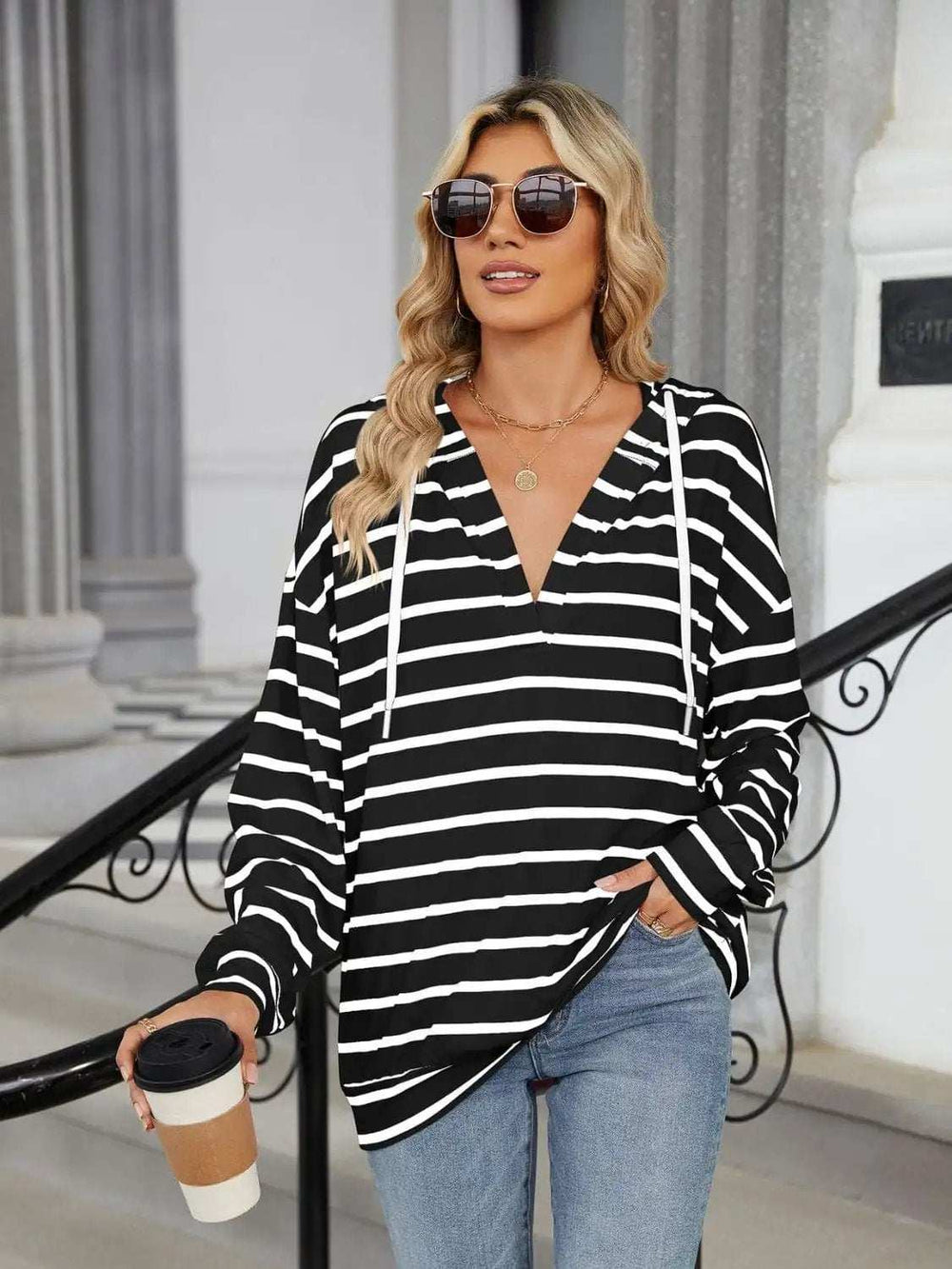 Drawstring Striped Long Sleeve Hoodie - Trendsi - Flyclothing LLC