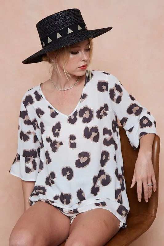 BiBi Leopard Printed V Neck Woven Top with Ruffled - Trendsi - Flyclothing LLC