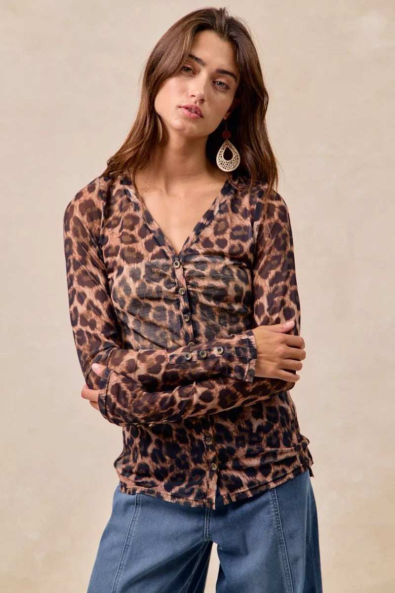 BiBi Leopard Printed Mesh Shirt With Button Up V Neck - Trendsi - Flyclothing LLC