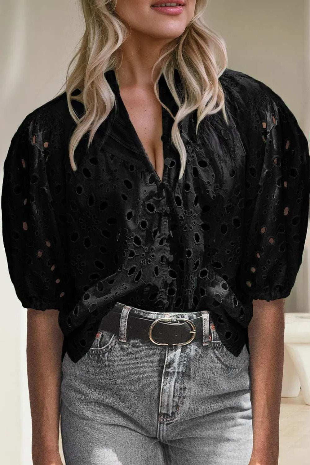 Eyelet Button Up Half Sleeve Blouse - Trendsi - Flyclothing LLC
