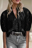 Eyelet Button Up Half Sleeve Blouse - Trendsi - Flyclothing LLC