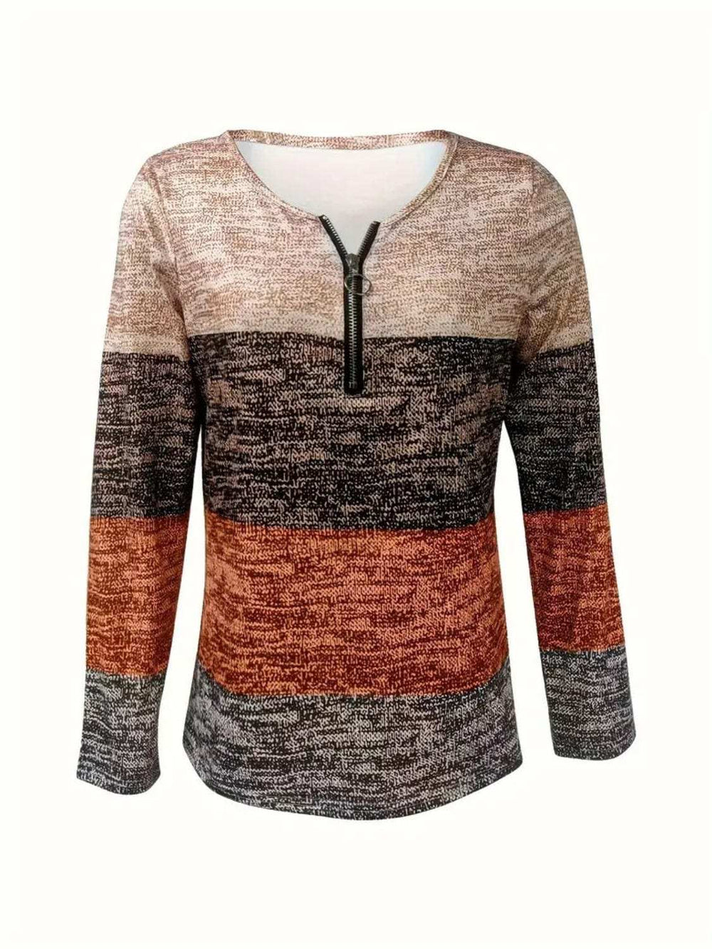 Color Block Quarter Zip Long Sleeve Blouse - Trendsi - Flyclothing LLC