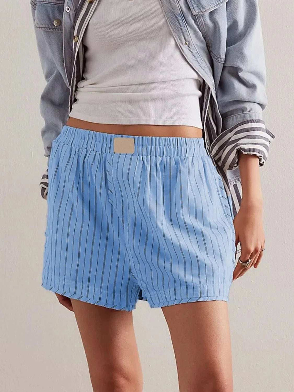 Striped Elastic Waist Shorts - Trendsi - Flyclothing LLC