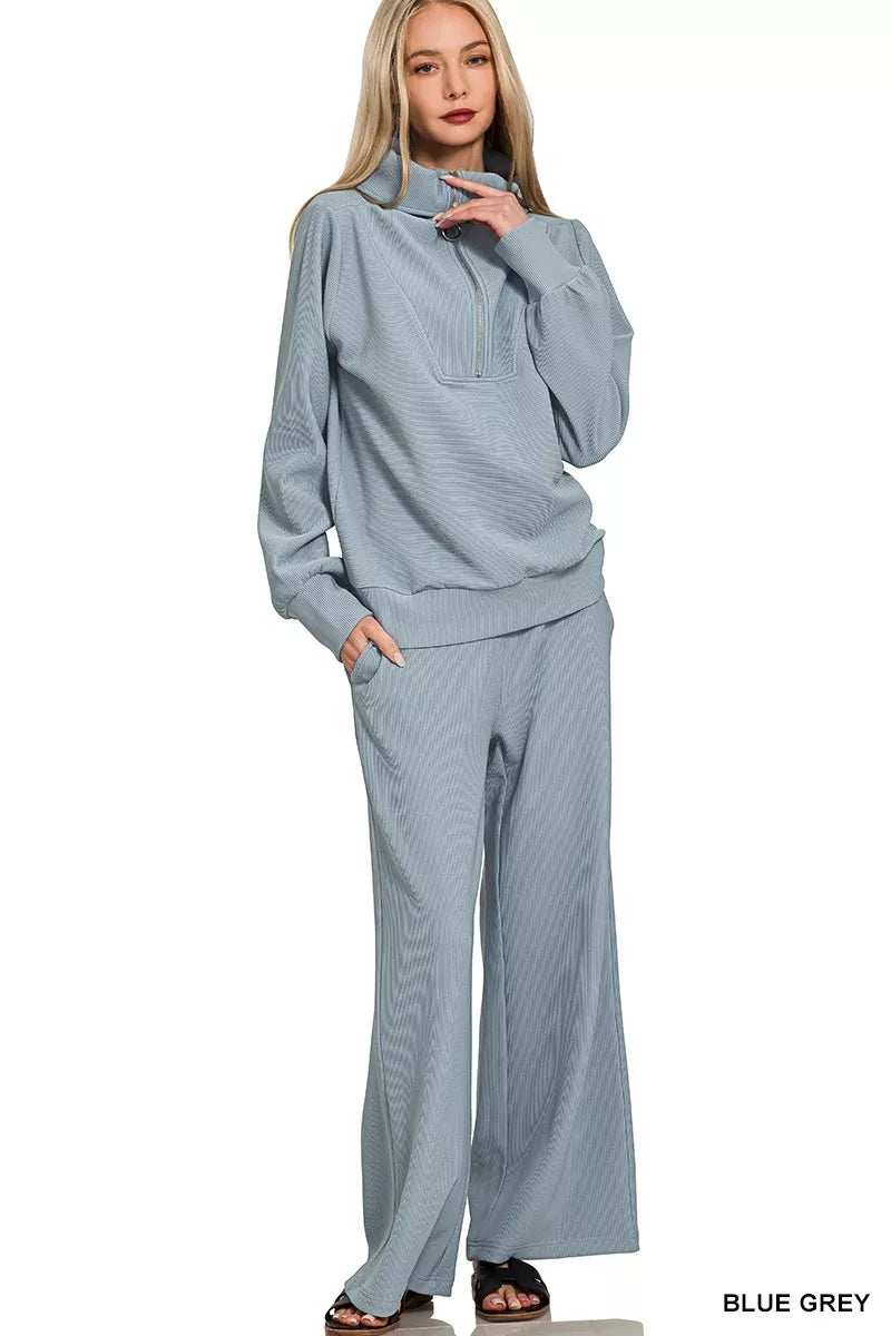 Zenana Ribbed High Neck Half Zip Pullover & Pants Set - Trendsi - Flyclothing LLC