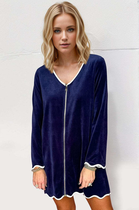 Double Take Wave Contrast Trim V-Neck Zip Up Long Sleeve Mini Dress - Trendsi - Flyclothing LLC