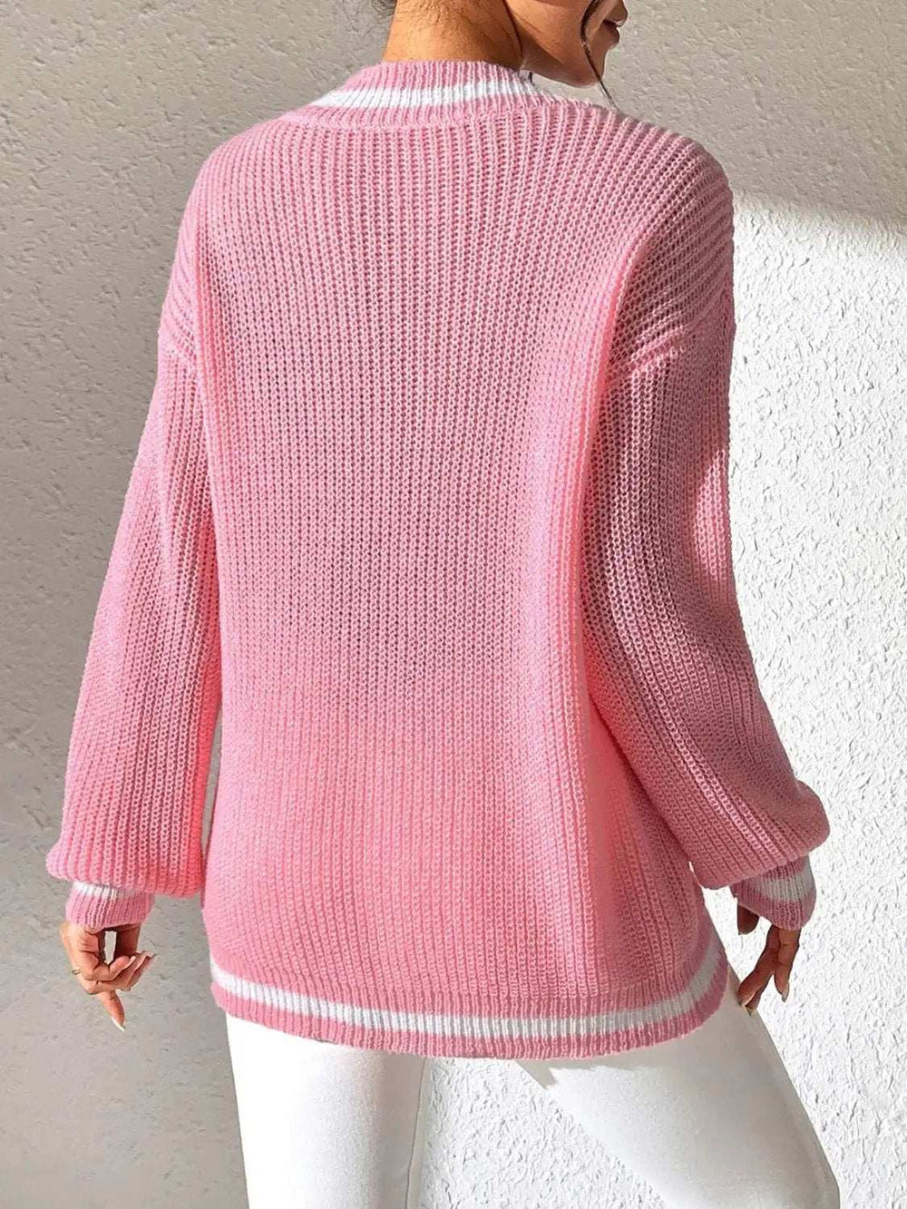 Contrast Trim V-Neck Long Sleeve Sweater - Trendsi - Flyclothing LLC