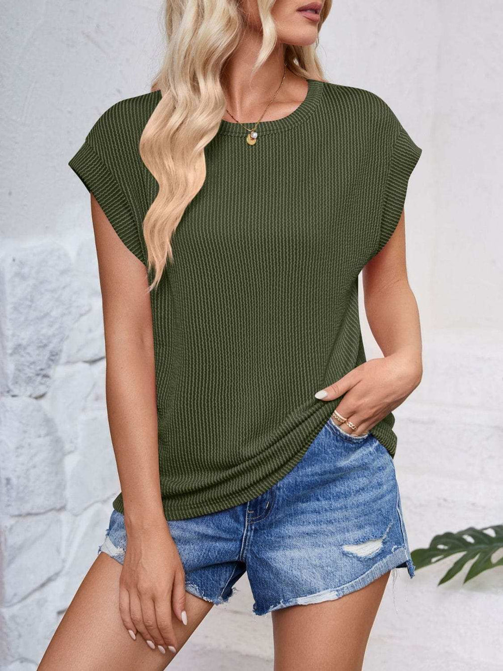 Textured Round Neck Cap Sleeve Blouse - Trendsi - Flyclothing LLC