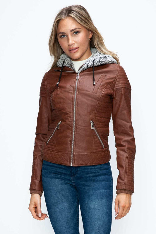 YMI Faux Layered Double-Zipper Jacket with Fuzzy Hood - Trendsi - Flyclothing LLC