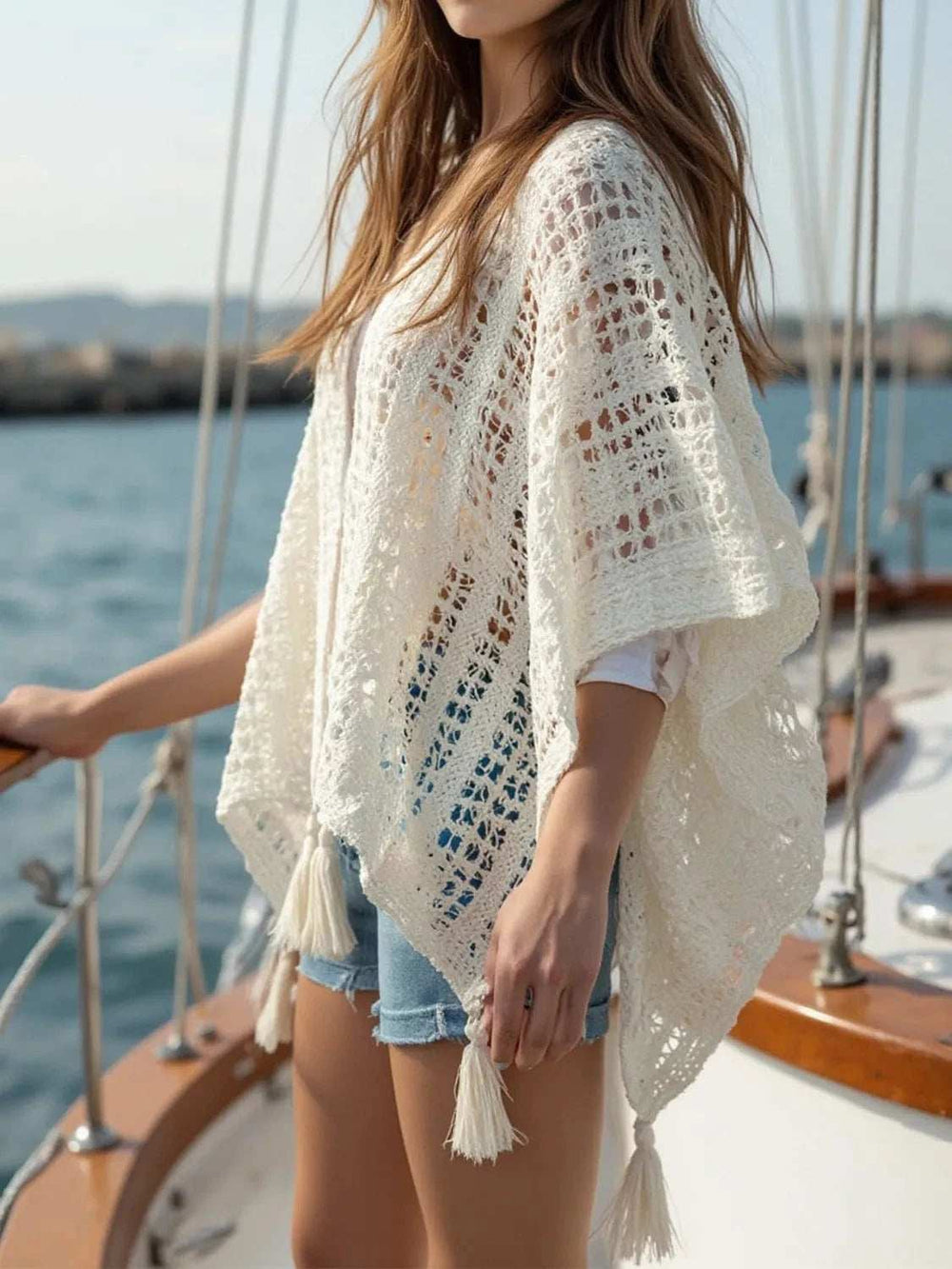 Openwork Tassel Open Front Knit Cover Up - Trendsi - Flyclothing LLC