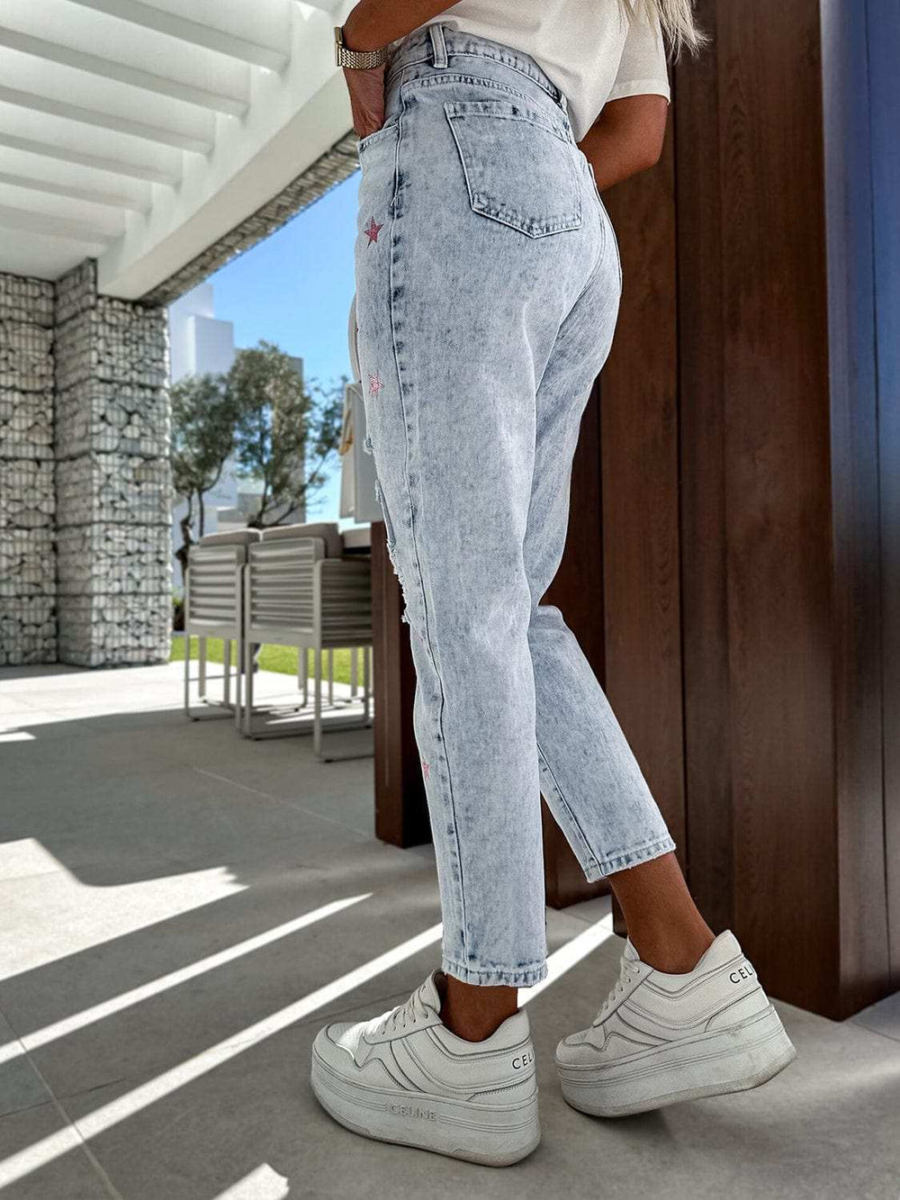 Distressed Star Straight Jeans with Pockets - Trendsi - Flyclothing LLC