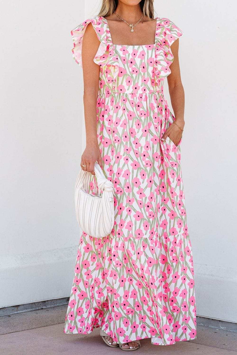 Floral Print Square Neck Ruffled Cap Sleeve Maxi Dress - Trendsi - Flyclothing LLC