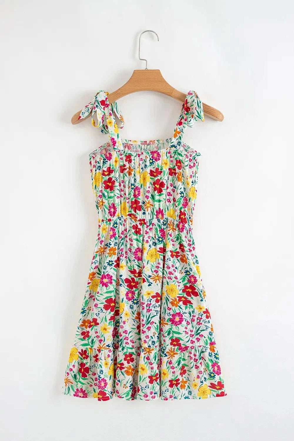 Floral Knotted Straps Cinched Waist Ruffle Hem Mini Dress - Trendsi - Flyclothing LLC