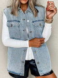 Collared Neck Button Up Denim Vest - Trendsi - Flyclothing LLC
