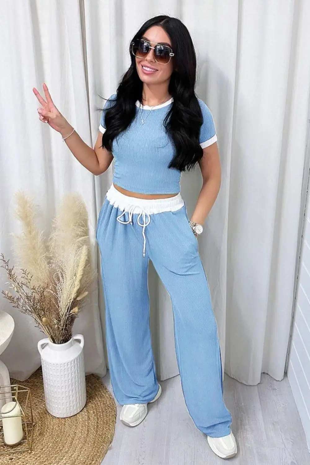 Contrast Trim Round Neck Top and Pants Set - Trendsi - Flyclothing LLC