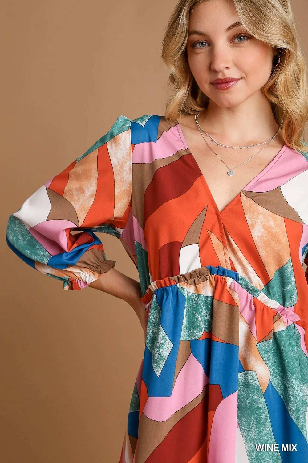 Umgee Abstract V-Neck Tiered Printed Dress - Trendsi - Flyclothing LLC