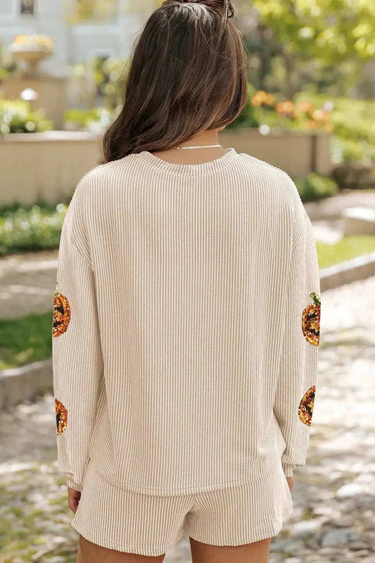 Sequin Pumpkin Round Neck Top and Shorts Set - Trendsi - Flyclothing LLC