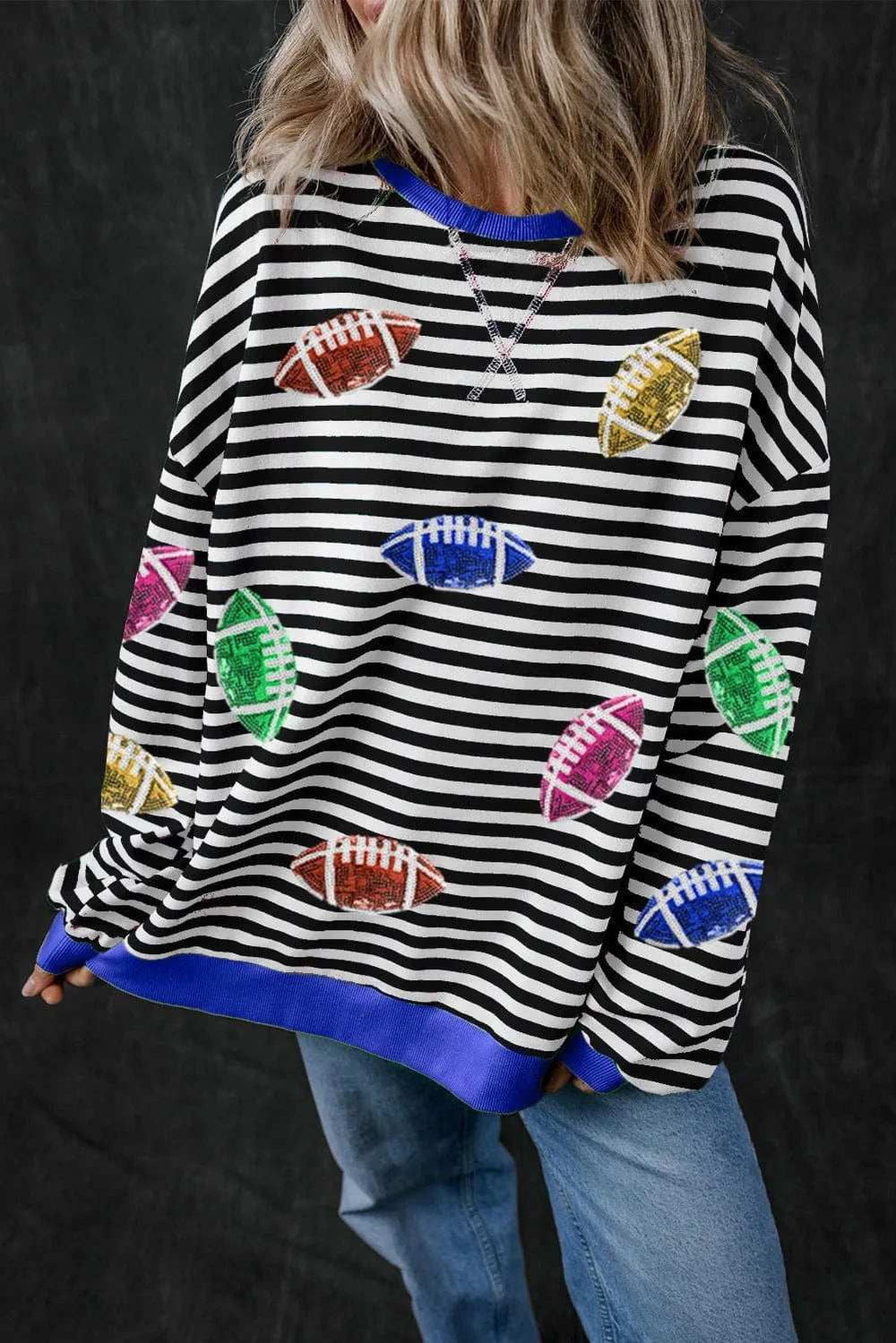 Sequin Football Striped Round Neck Long Sleeve Sweatshirt - Trendsi - Flyclothing LLC