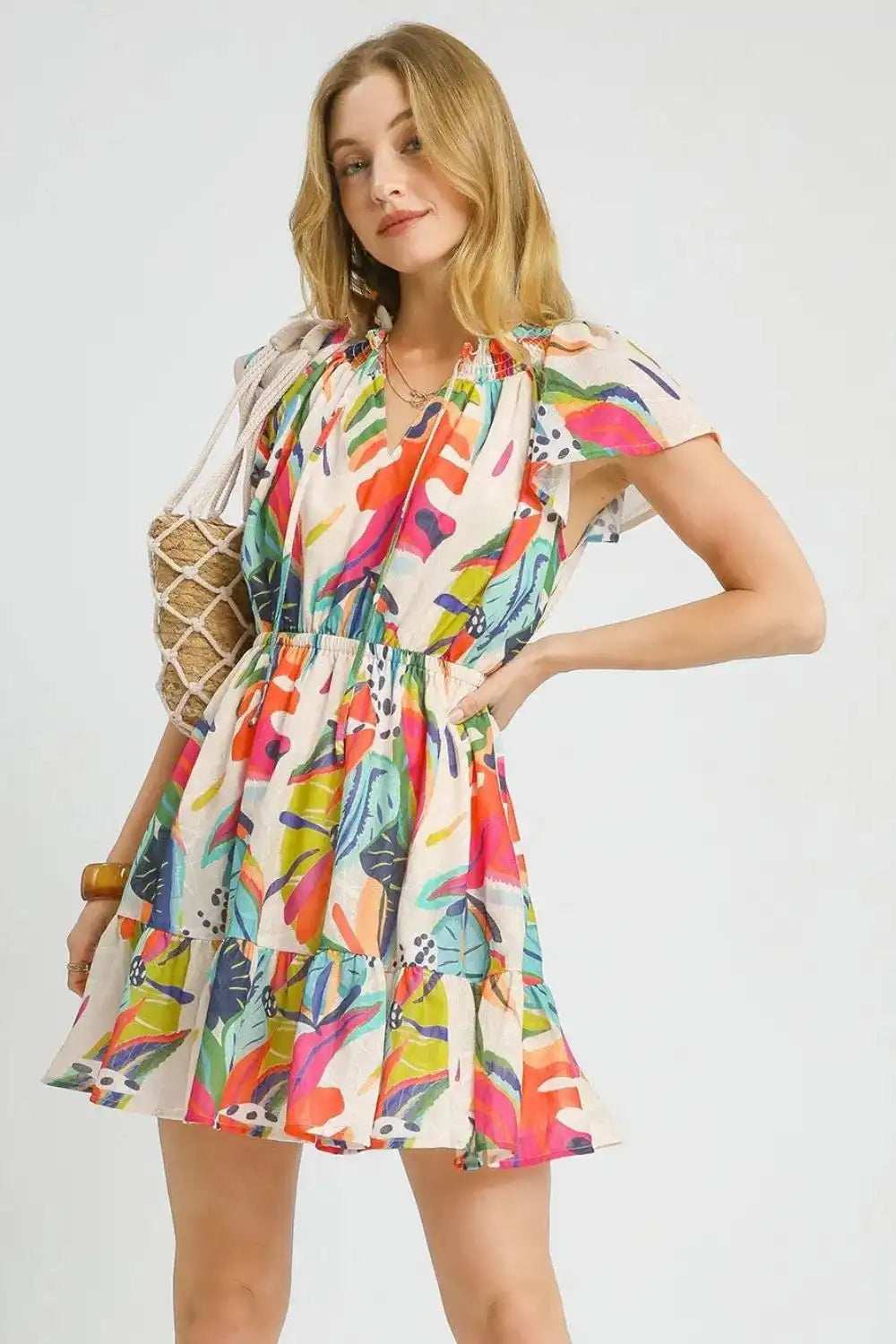 Umgee Printed Tie Neck Ruffled Hem Dress - Trendsi - Flyclothing LLC