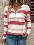 Contrast Striped V-Neck Long Sleeve T-Shirt - Trendsi - Flyclothing LLC