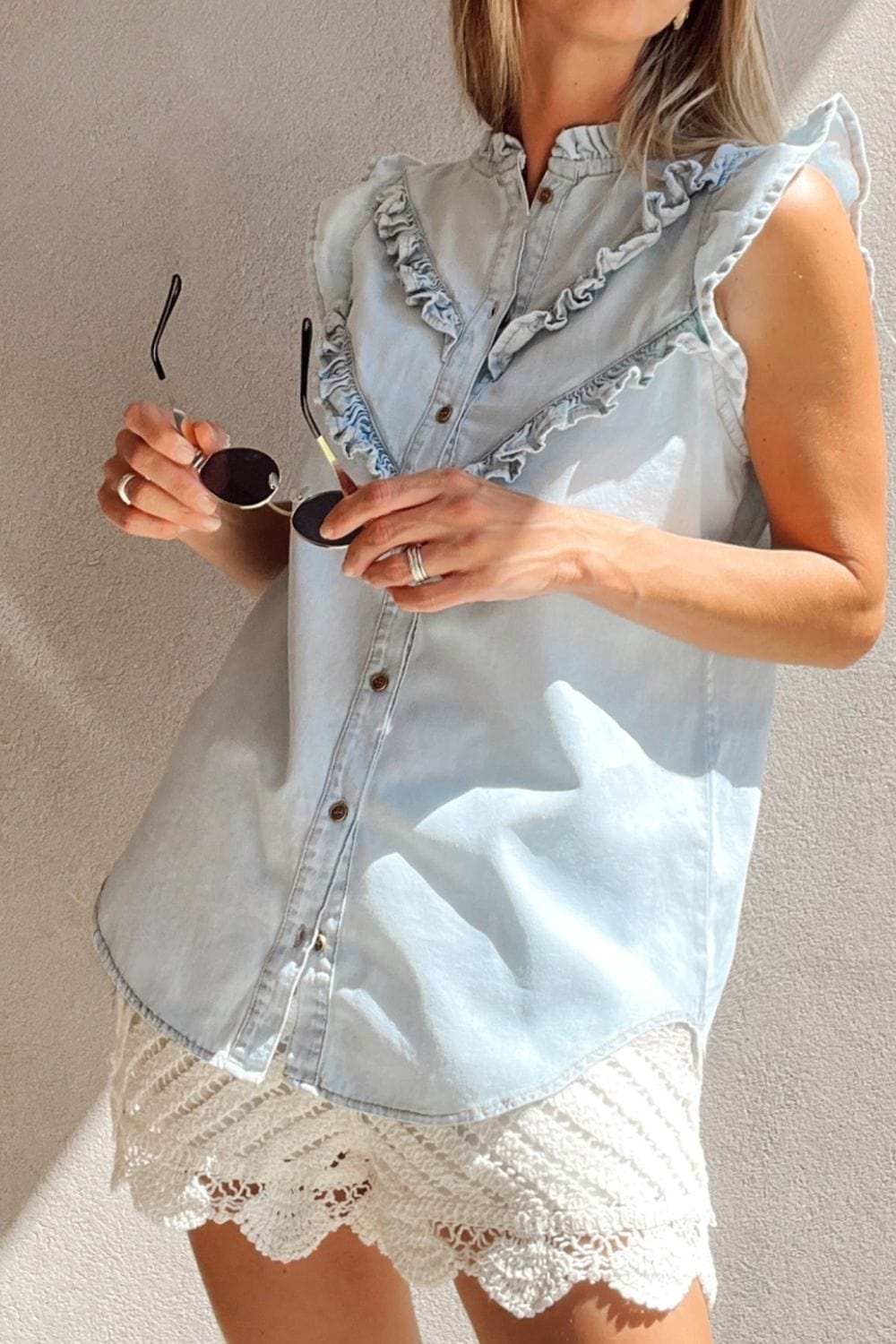 Frill Button Down Ruffled Cap Sleeve Denim Top - Trendsi - Flyclothing LLC