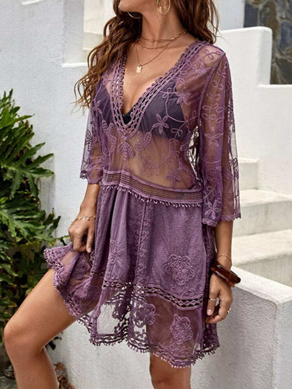 Lace Detail Plunge Cover-Up Dress - Trendsi - Flyclothing LLC