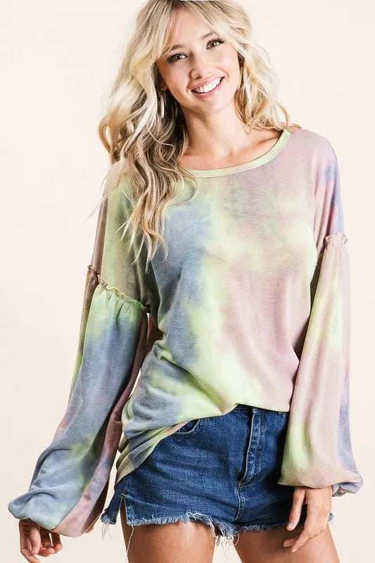 BiBi Tie Dye French Terry Sweatshirt With Bubble Sleeves - Trendsi - Flyclothing LLC