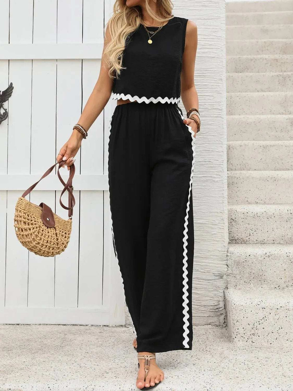 Round Neck Sleeveless Top and Pants Set - Trendsi - Flyclothing LLC
