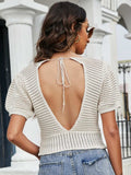 Openwork V-Neck Short Sleeve Knit Top - Trendsi - Flyclothing LLC