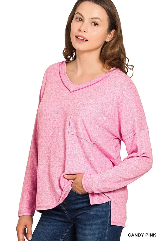 Zenana Soft Melange Hacci Exposed Seam Coin Pocket Tee - Trendsi - Flyclothing LLC
