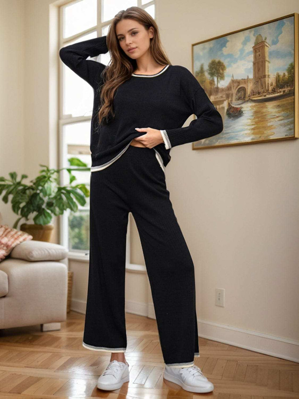 Contrast Trim Round Neck Top and Pants Sweater Set - Trendsi - Flyclothing LLC