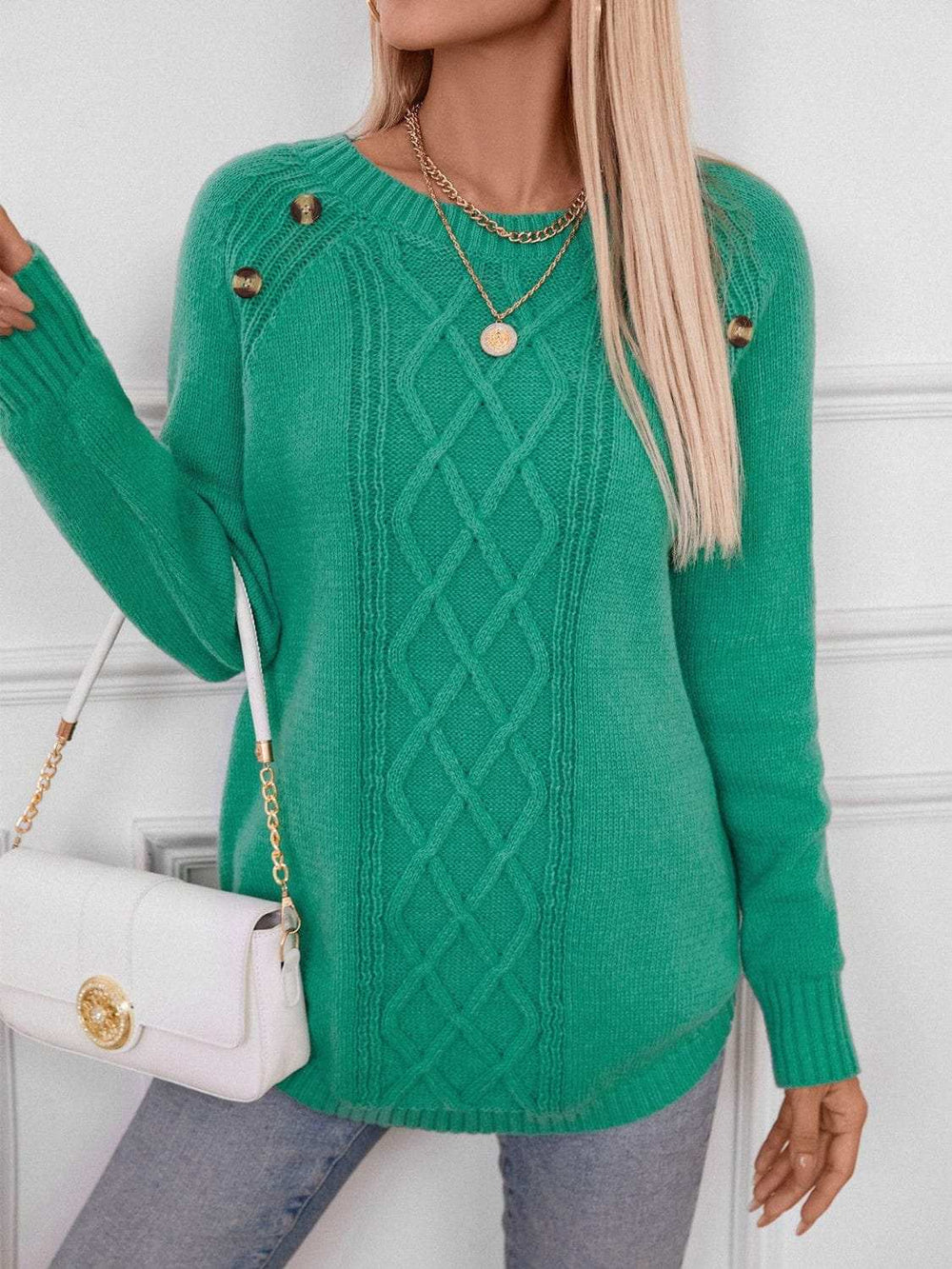 Decorative Button Round Neck Raglan Sleeve Sweater - Trendsi - Flyclothing LLC