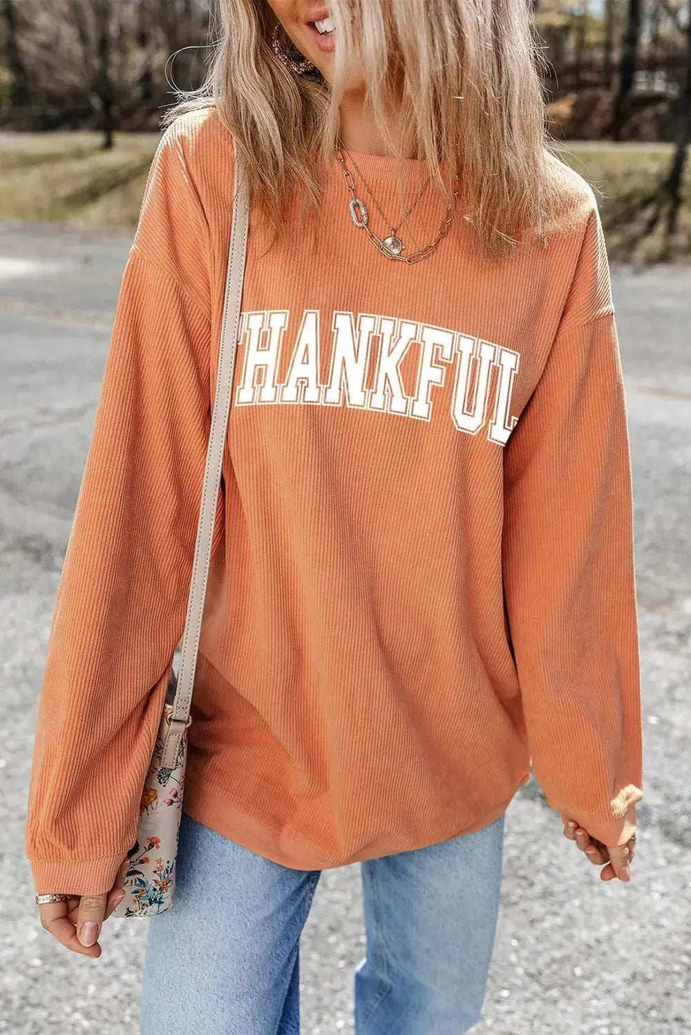 THANKFUL Round Neck Long Sleeve Sweatshirt - Trendsi - Flyclothing LLC